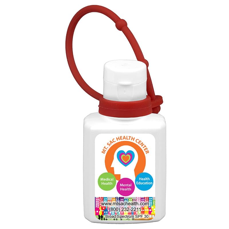 "SunFun L Connect" 1.0 oz Broad Spectrum SPF30 Sunscreen Lotion in Solid White Flip-Top Squeeze Bottle with Colorful Sil