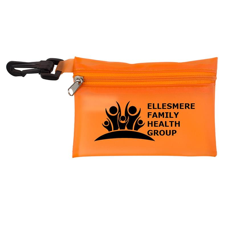 "Essential On The Go" 7 Piece Wellness Kit in Translucent Zipper Pouch with Plastic Carabiner Attachment