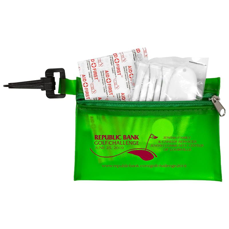 "Fairway" 10 Piece Healthy Living Sun Kit Components inserted into Translucent Zipper Pouch with Plastic Carabiner Attac