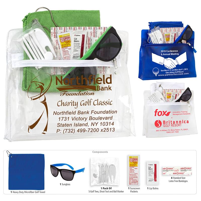 "Layover" 15 Piece Golf Kit in Travel Pouch with Zipper Components inserted into Zipper Pouch