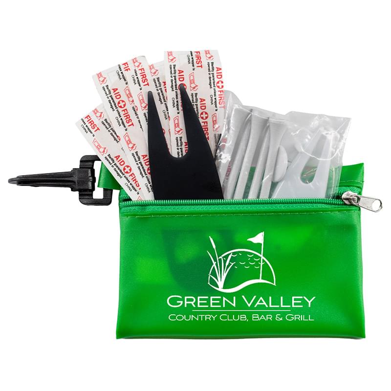 "FAIRWAY 13" 13 Piece Healthy Living Sun Kit Components inserted into Translucent Zipper Pack with Carabiner