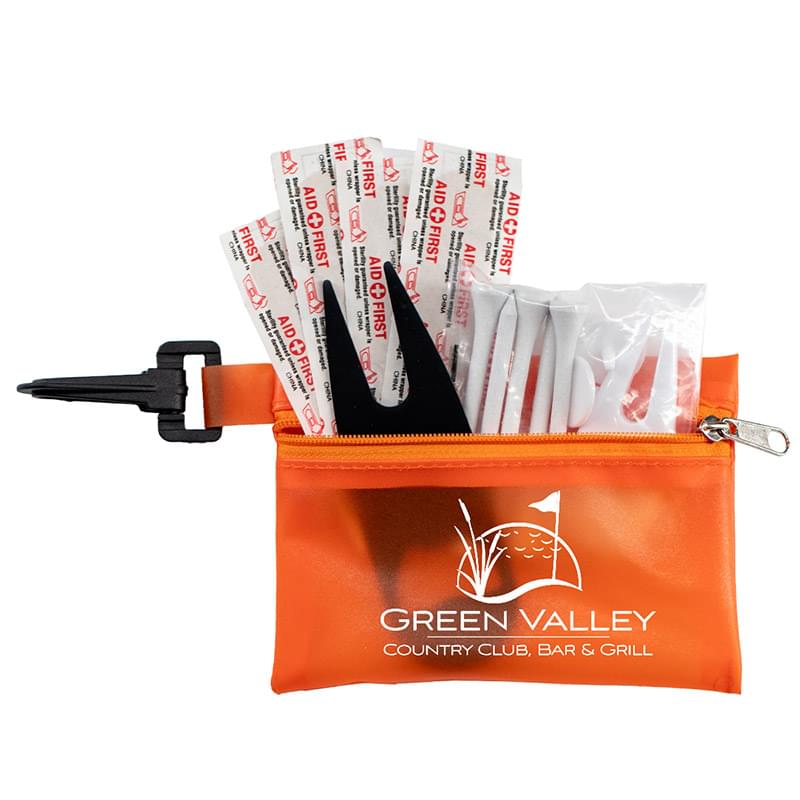 "FAIRWAY 13" 13 Piece Healthy Living Sun Kit Components inserted into Translucent Zipper Pack with Carabiner