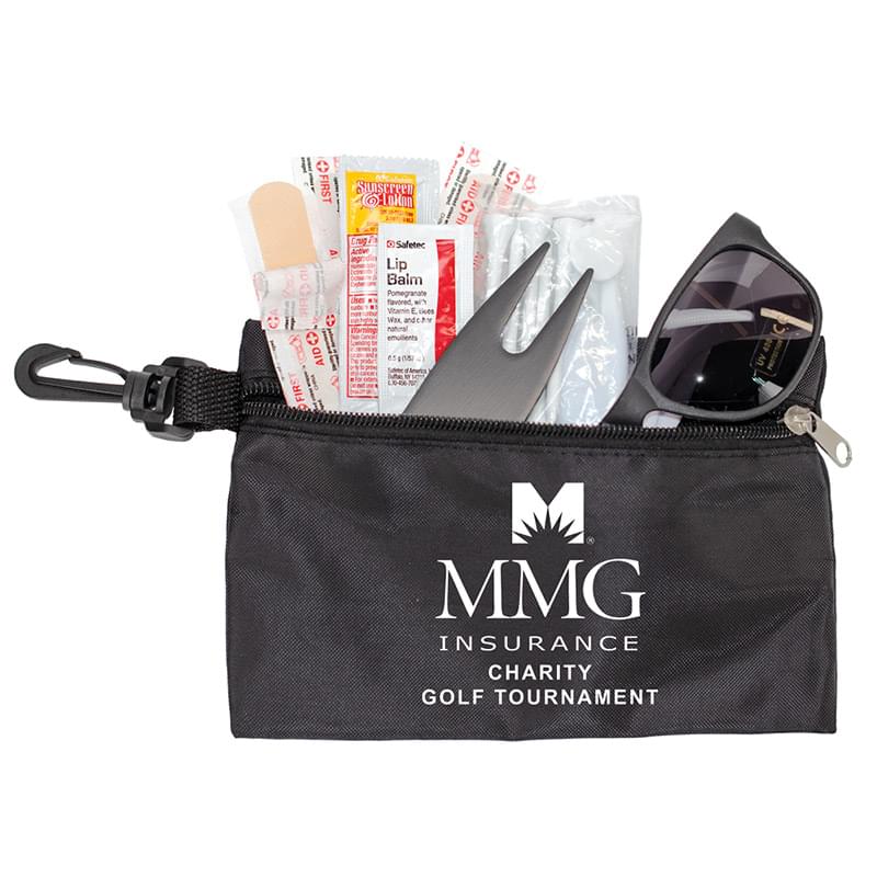 "CHIP 16" 16 Piece Golf Kit in Supersized Zipper Pack Components inserted into Zipper kit with Carabiner