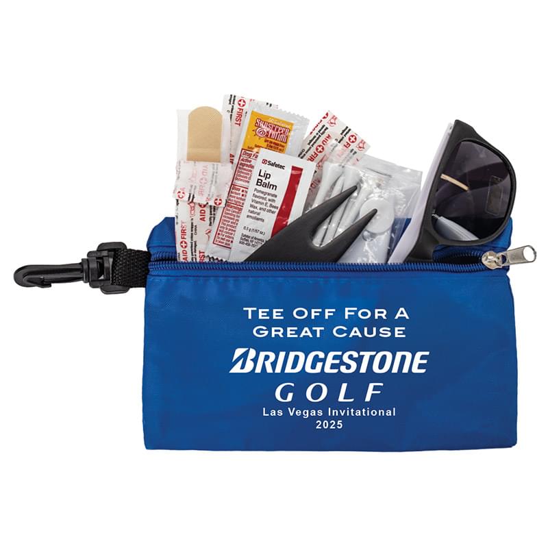 "CHIP 16" 16 Piece Golf Kit in Supersized Zipper Pack Components inserted into Zipper kit with Carabiner