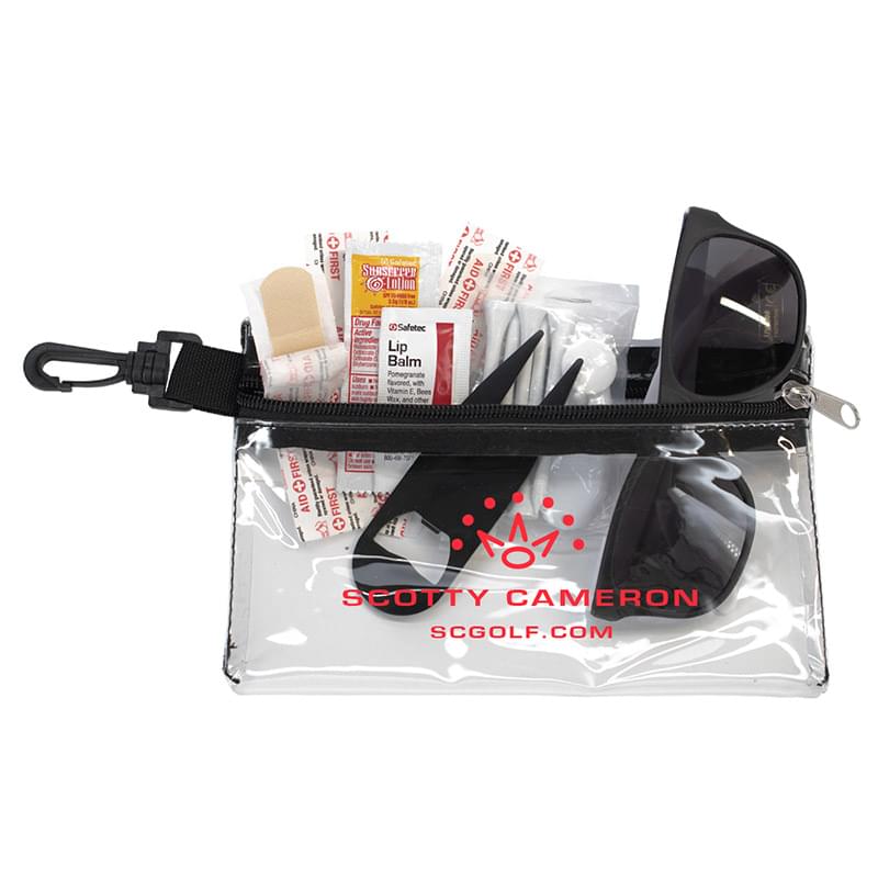 "CHIP 16" 16 Piece Golf Kit in Supersized Zipper Pack Components inserted into Zipper kit with Carabiner