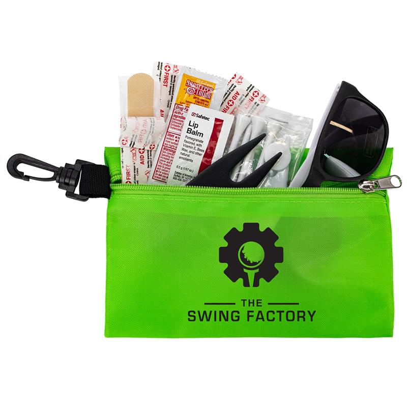 "CHIP 16" 16 Piece Golf Kit in Supersized Zipper Pack Components inserted into Zipper kit with Carabiner