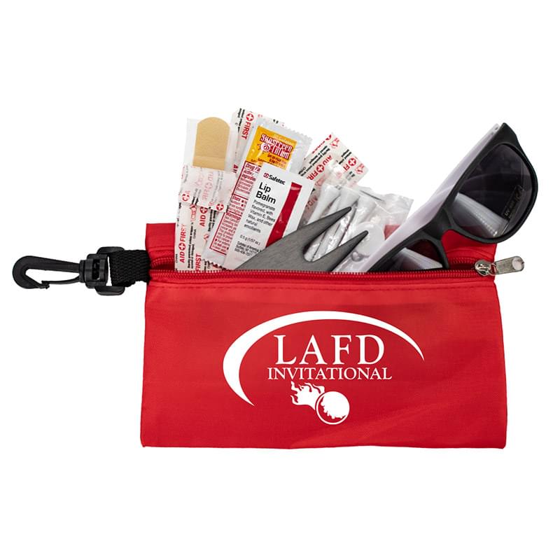 "CHIP 16" 16 Piece Golf Kit in Supersized Zipper Pack Components inserted into Zipper kit with Carabiner