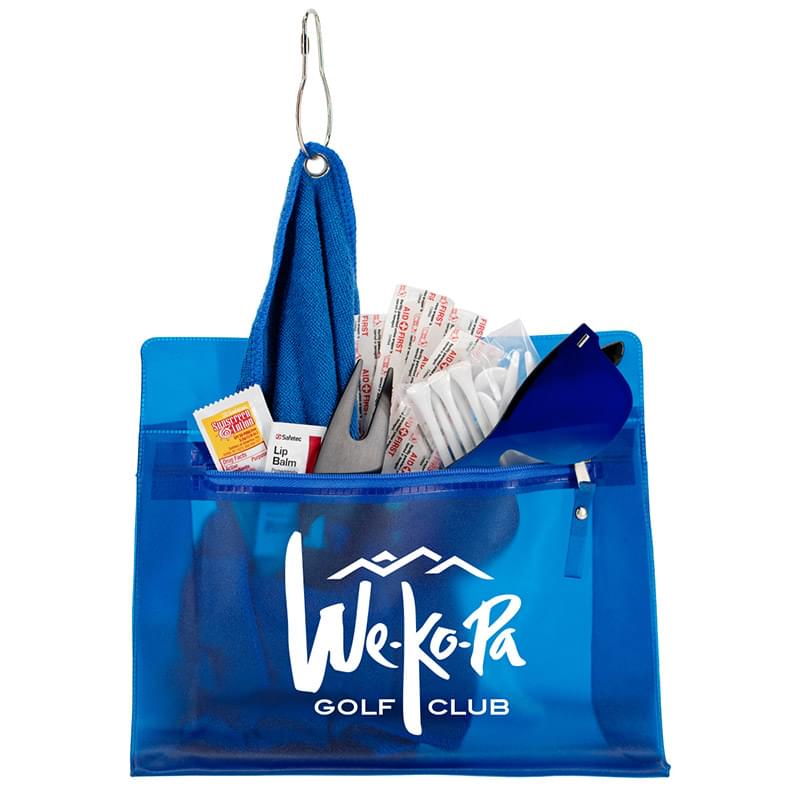 "LAYOVER 17" 17 Piece Golf Kit in Travel Pack with Components inserted into Zipper Kit