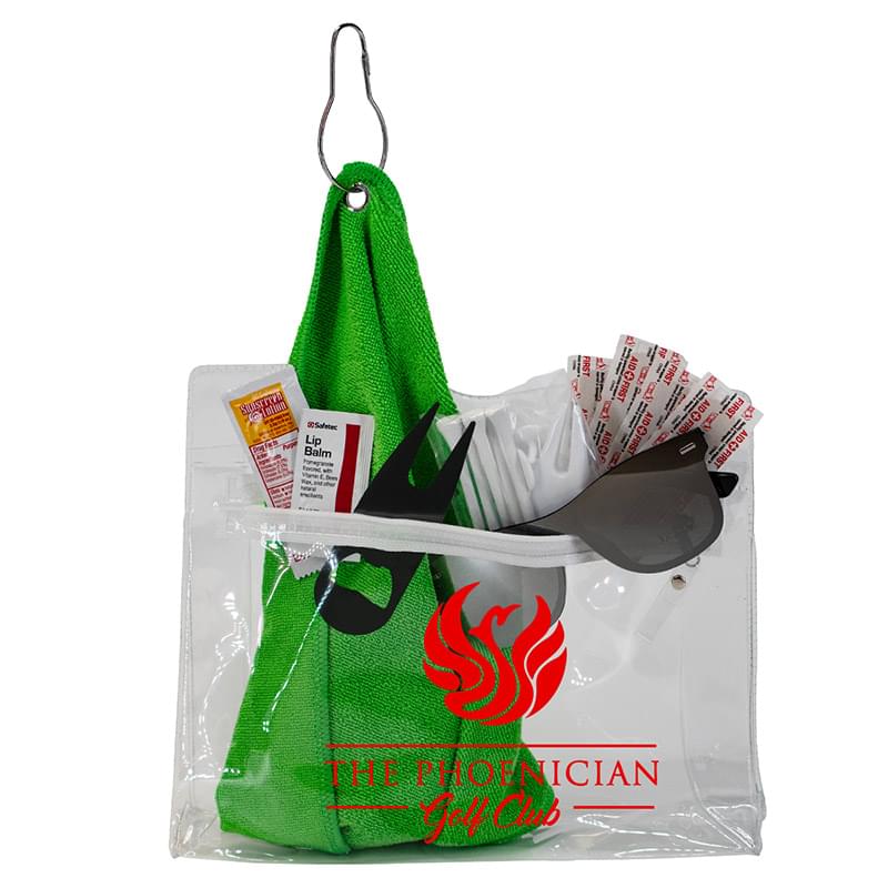 "LAYOVER 17" 17 Piece Golf Kit in Travel Pack with Components inserted into Zipper Kit