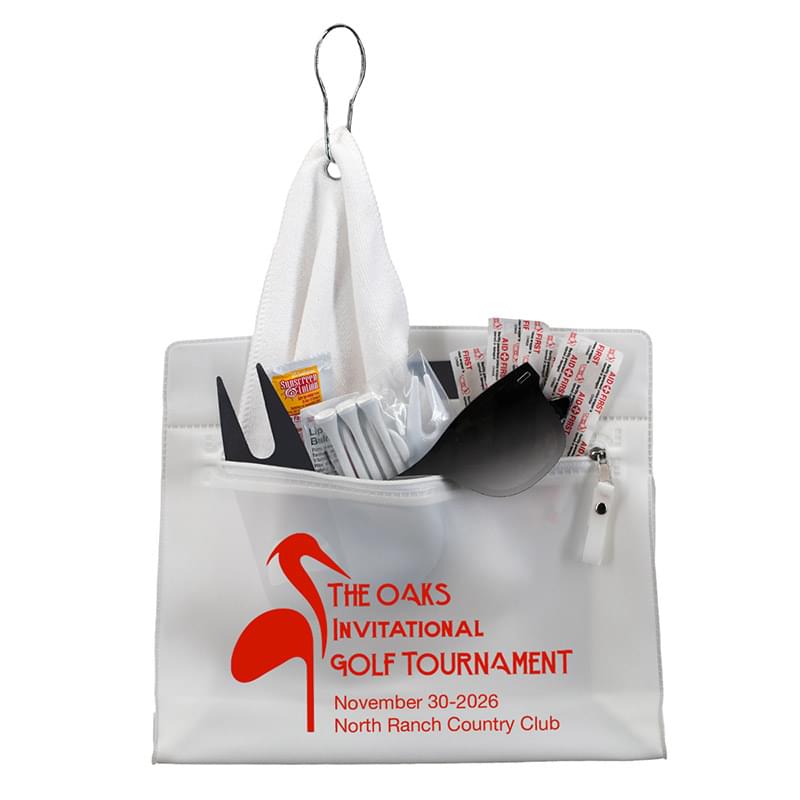 "LAYOVER 17" 17 Piece Golf Kit in Travel Pack with Components inserted into Zipper Kit