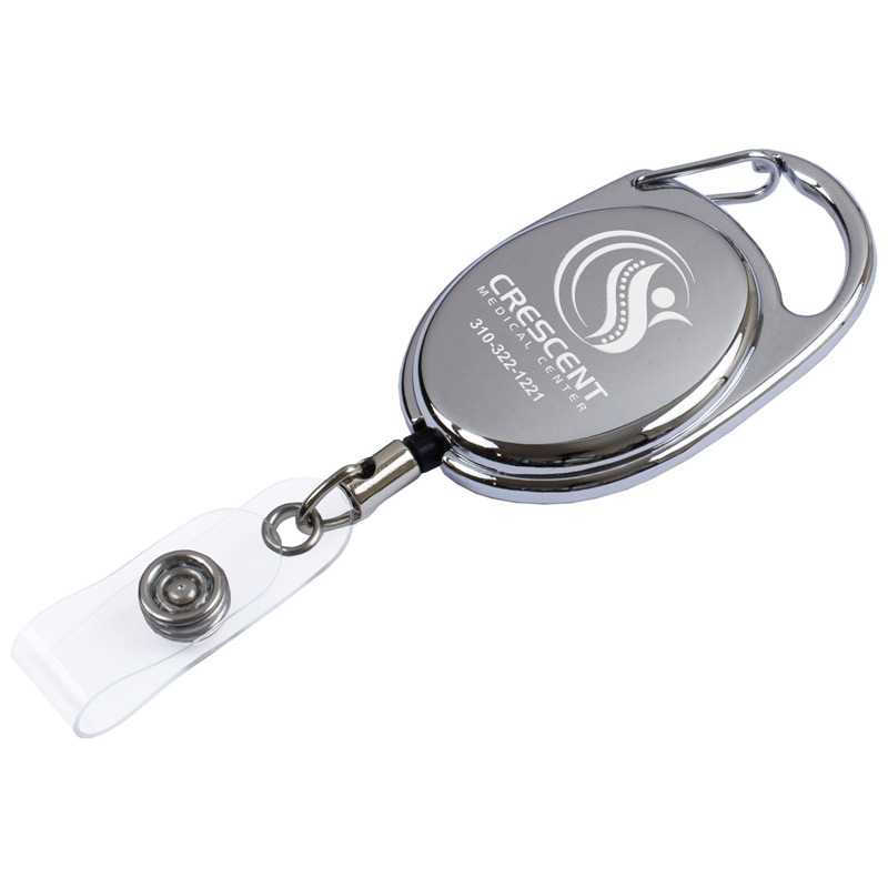 "Pataskala" 30" Cord Shiny Chrome Finish Solid Metal Retractable Badge Reel and Badge Holder with Laser Imprint (Patent 