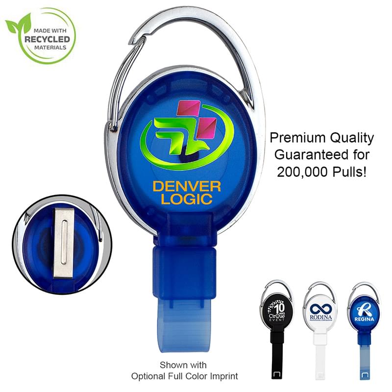 "BEXLEY" PVC FREE RECYCLED PLASTIC CARABINER BADGE REEL W/METAL CLIP (Patent US 11,974,638 B1)