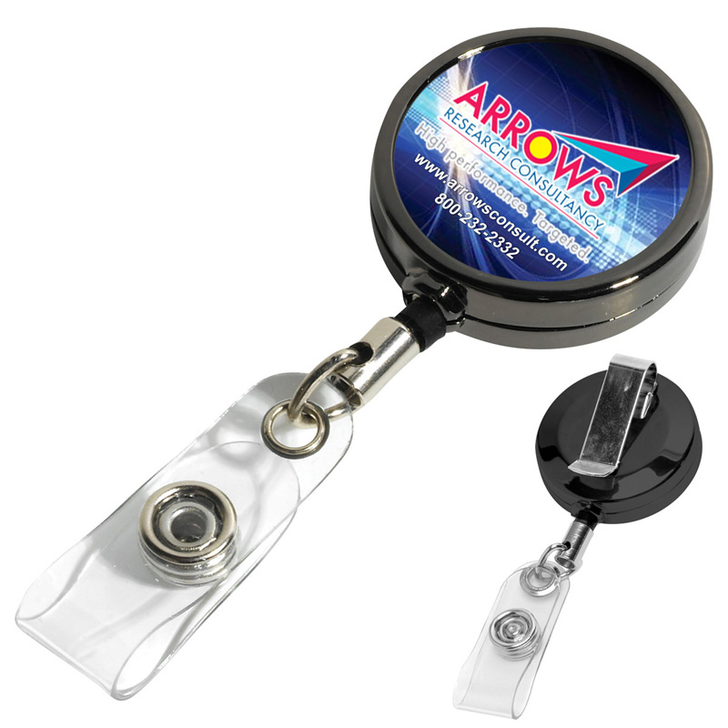 30" Cord Gunmetal Colored Solid Metal Retractable Badge Reel and Badge Holder with Full Color Vinyl Label Imprint