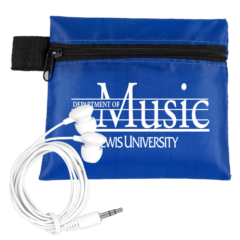 Mobile Tech Earbud Kit In Zipper Pouch Components inserted into Polyester Zipper Pouch