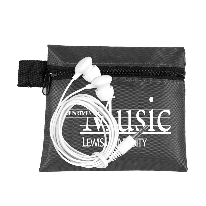 Mobile Tech Earbud Kit In Zipper Pouch Components inserted into Polyester Zipper Pouch