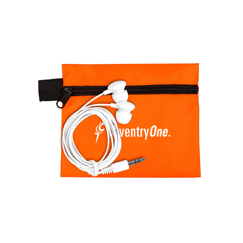 Mobile Tech Earbud Kit In Zipper Pouch Components inserted into Polyester Zipper Pouch