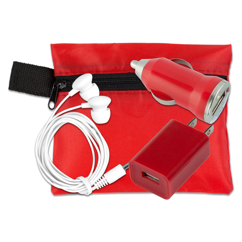Mobile Tech Auto and Home Charging Kit with Earbuds in Polyester Zipper Pouch