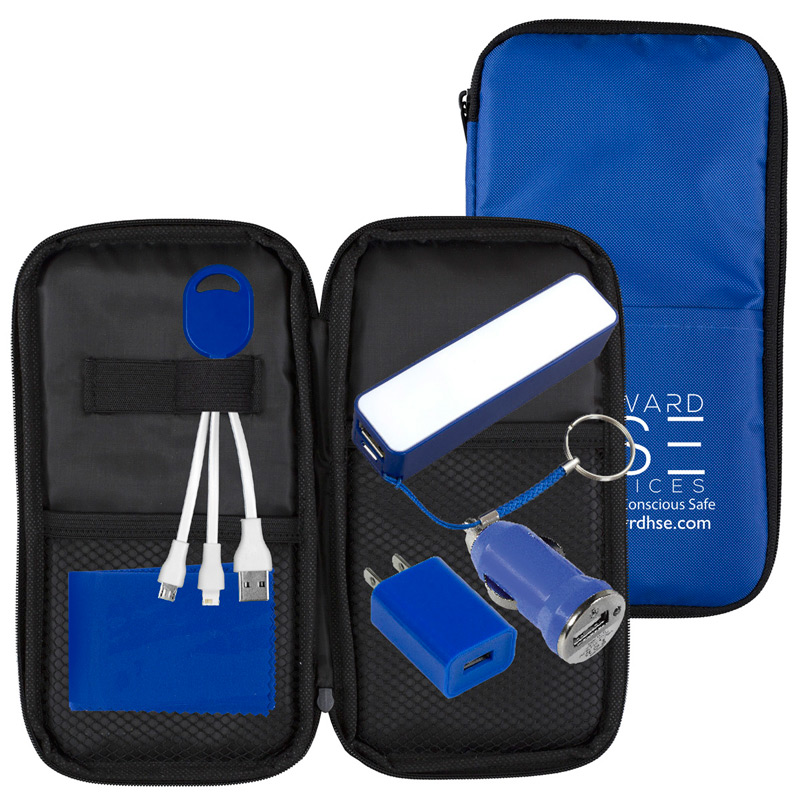 Cell Phone Charger Travel Kit includes Tech Components as shown inserted into Polyester Zipper Pouch