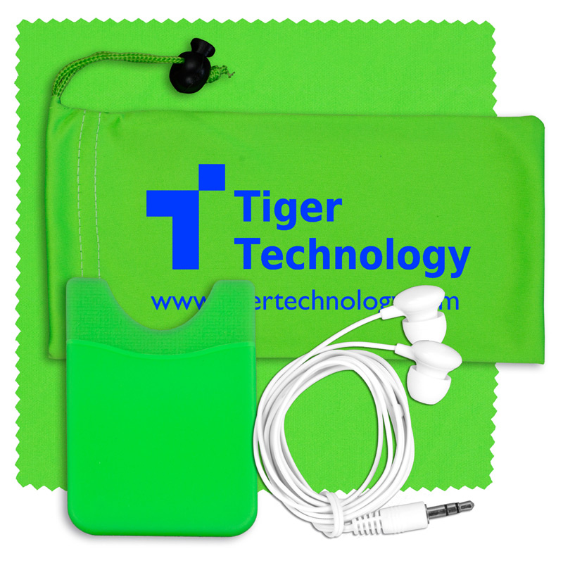 Mobile Tech Earbud Kit with Microfiber Cloth, Silicone Cell Phone Wallet in Microfiber Cinch Pouch Components inserted i