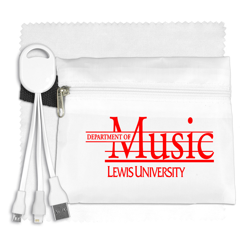 Mobile Tech Charging Cables In Zipper Pouch Components inserted into Polyester Zipper Pouch