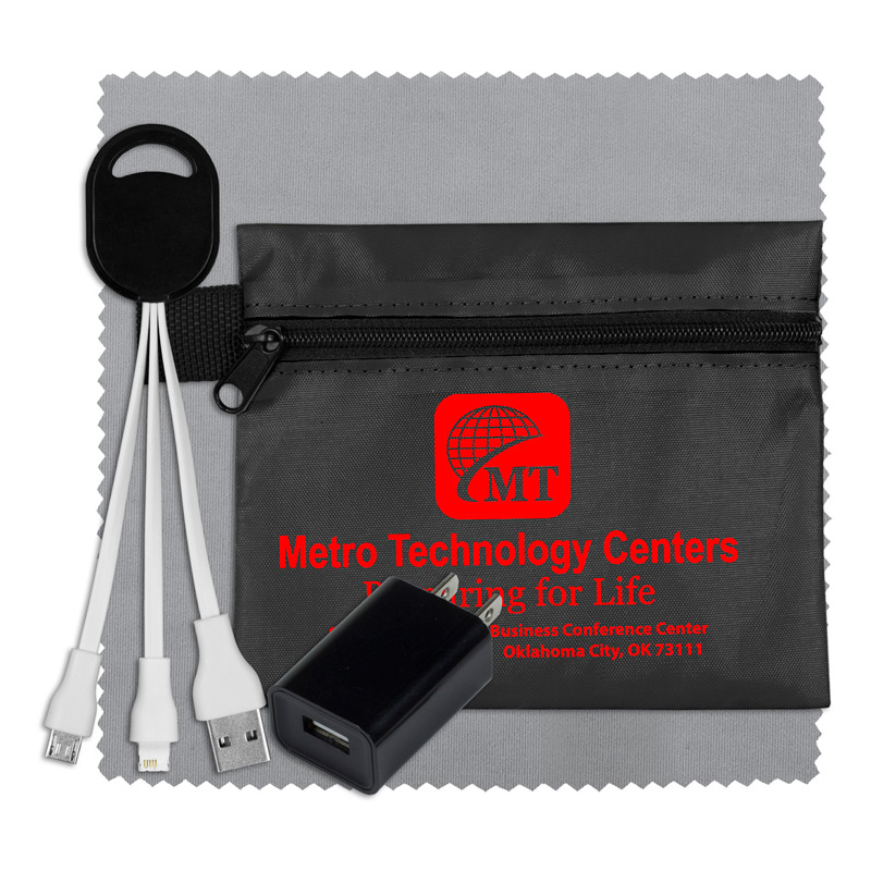 Tech Home and Travel Kit with Microfiber Cleaning Cloth, USB Wall Charger and Charging Cables in Polyester Zipper Pouch 