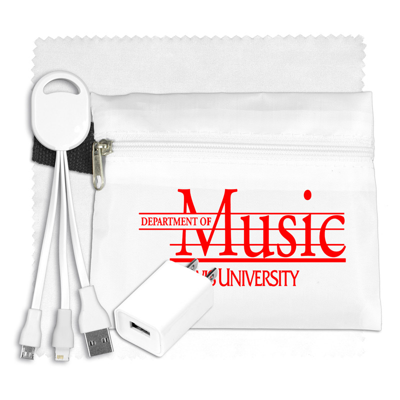 Tech Home and Travel Kit with Microfiber Cleaning Cloth, USB Wall Charger and Charging Cables in Polyester Zipper Pouch 