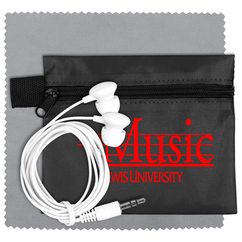 Mobile Tech Earbud Kit with Microfiber Cleaning Cloth In Zipper Pouch Components inserted into Polyester Zipper Pouch