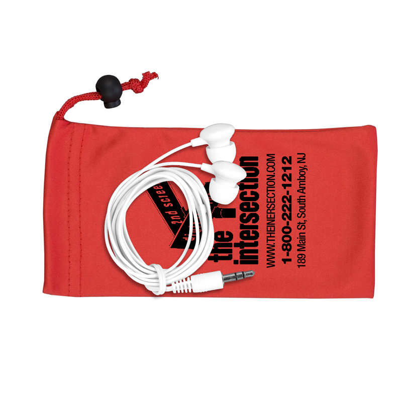 Mobile Tech Earbud Kit in Microfiber Cinch Pouch Components inserted into Microfiber Pouch