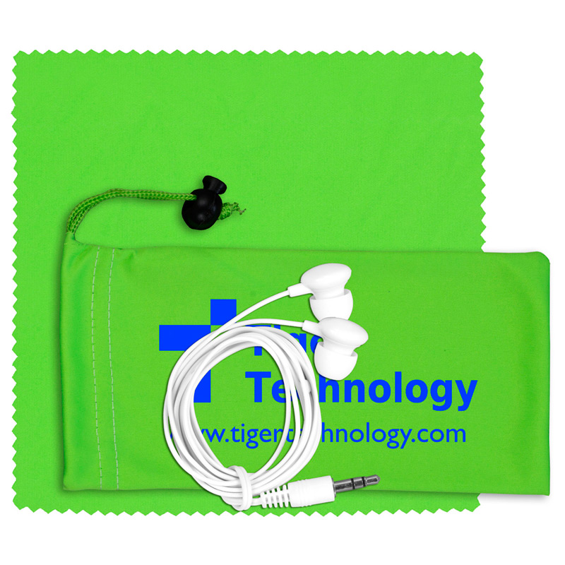 Mobile Tech Earbud Kit with Microfiber Cloth in Microfiber Cinch Pouch Components inserted into Microfiber Pouch