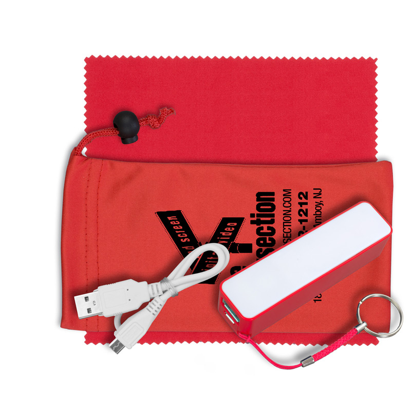 Mobile Tech Power Bank Accessory Kit in Microfiber Cinch Pouch Components inserted into Microfiber Pouch
