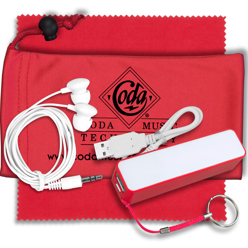 Mobile Tech Power Bank Accessory Kit with Earbuds in Microfiber Cinch Pouch Components inserted into Microfiber Pouch