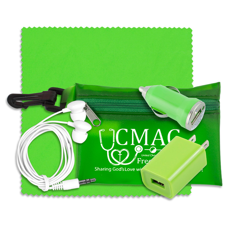 Mobile Tech Auto and Home Accessory Kit in Translucent Carabiner Zipper Pouch Components inserted into Polyester Zipper 