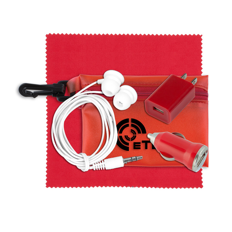 Mobile Tech Auto and Home Accessory Kit in Translucent Carabiner Zipper Pouch Components inserted into Polyester Zipper 