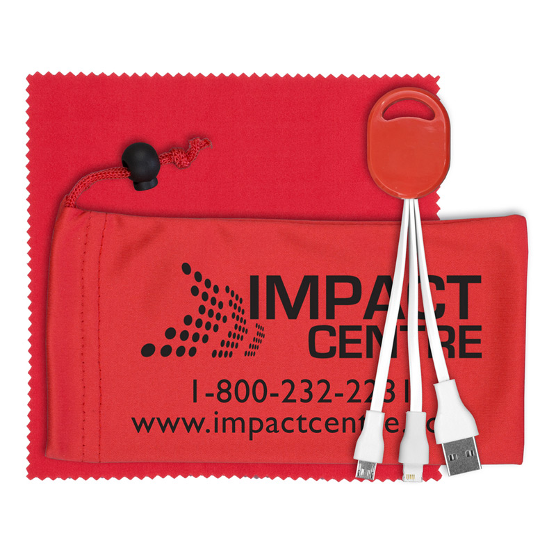 Mobile Tech Charging Cable Kit in Microfiber Cinch Pouch Components inserted into Microfiber Pouch