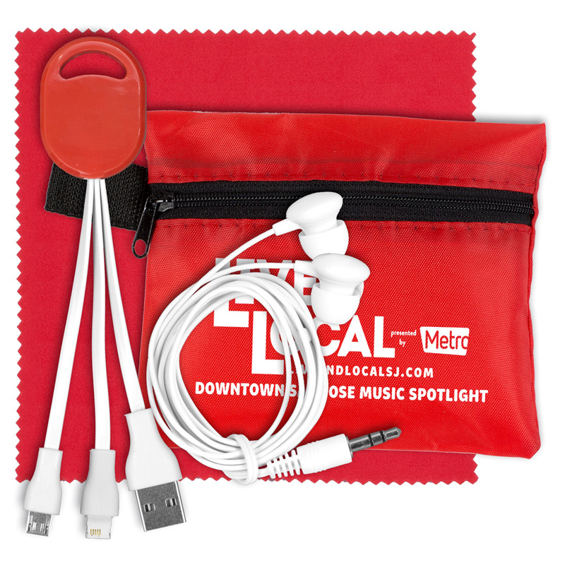 Mobile Tech Charging Cables and Earbud Kit in Zipper Pouch Components inserted into Polyester Zipper Pouch