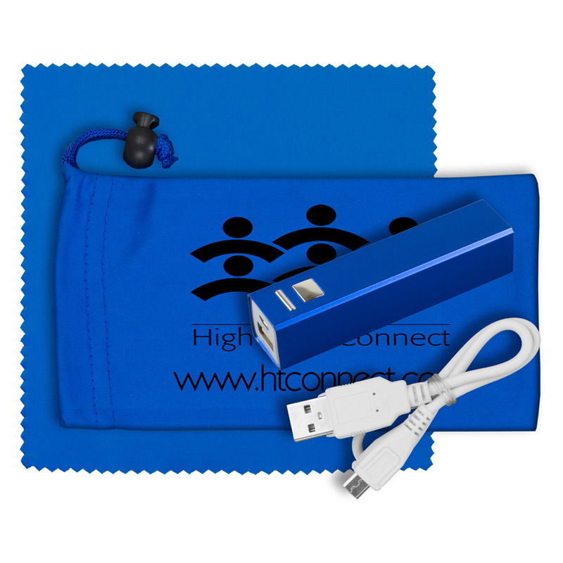 Mobile Tech Metal Power Bank Accessory Kit in Microfiber Cinch Pouch Components inserted into Microfiber Pouch