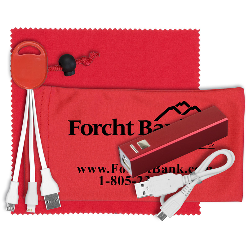 Mobile Tech Metal Power Bank Charging Kit in Microfiber Cinch Pouch Components inserted into Microfiber Pouch