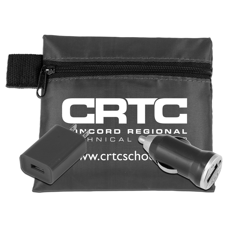 Mobile Tech Auto and Home Charging Kit in Polyester Zipper Pouch Components inserted into Polyester Zipper Pouch