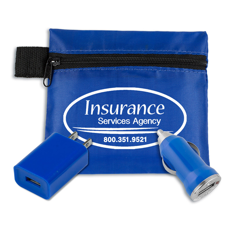 Mobile Tech Auto and Home Charging Kit in Polyester Zipper Pouch Components inserted into Polyester Zipper Pouch