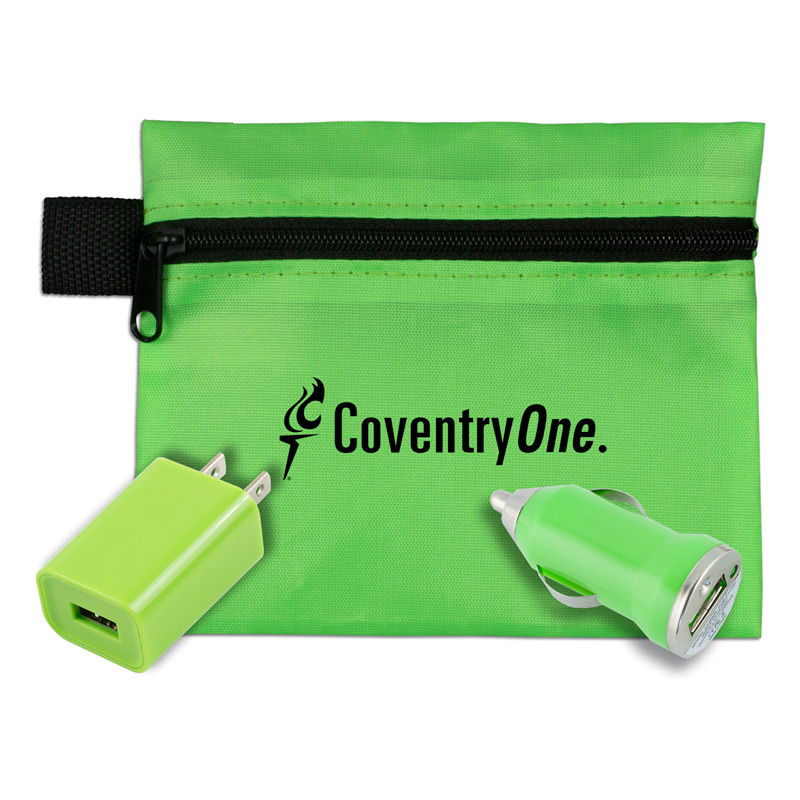 Mobile Tech Auto and Home Charging Kit in Polyester Zipper Pouch Components inserted into Polyester Zipper Pouch
