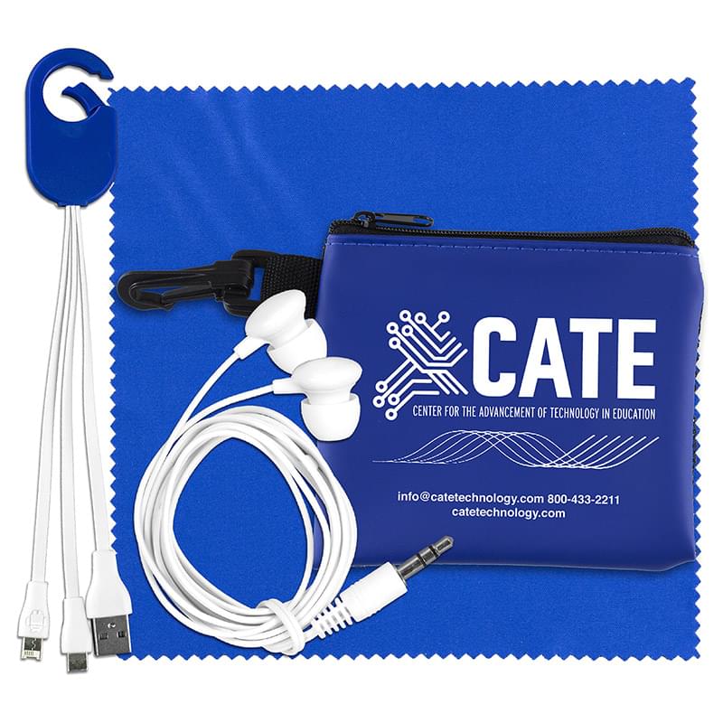 "TechMesh Hang Tunes" Mobile Tech Charging Kit with Earbuds and Charging Cable in Mesh Zipper Pouch Components inserted 