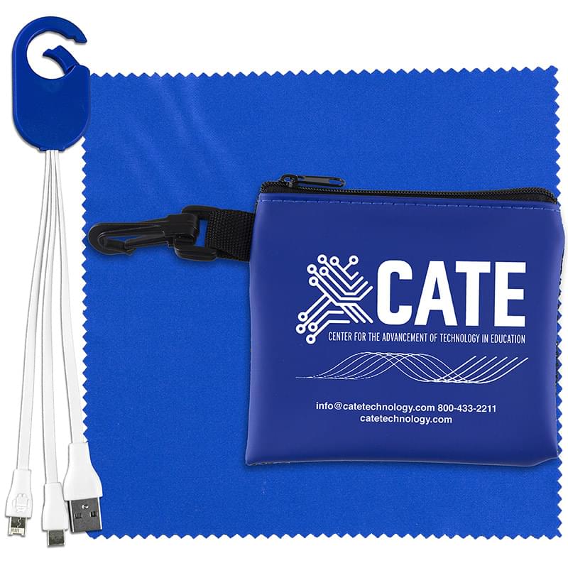 "TechMesh Hang Pro" Mobile Tech Charging Cable Kit in Mesh Zipper Pouch Components inserted into Zipper Pouch