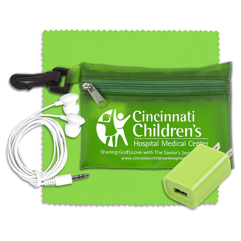 "TechClear" Mobile Tech Accessory Kit in Translucent Carabiner Zipper Pouch Components inserted into Polyester Zipper Po