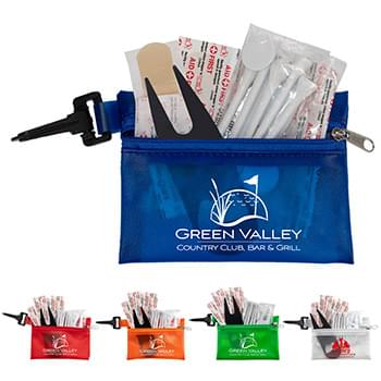 "FAIRWAY 13" 13 Piece Healthy Living Sun Kit Components inserted into Translucent Zipper Pack with Carabiner