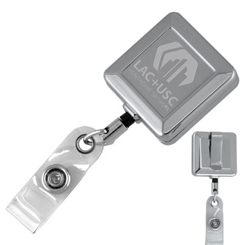 32" Cord Square Chrome Solid Metal Retractable Badge Reel and Badge Holder with Laser Imprint
