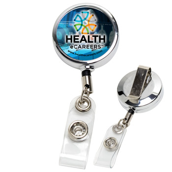 30" Cord Chrome Solid Metal Retractable Badge Reel and Badge Holder with Full Color Vinyl Label Imprint