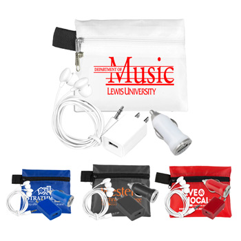 Mobile Tech Auto and Home Charging Kit with Earbuds in Polyester Zipper Pouch