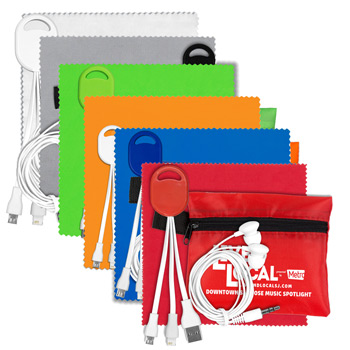 Mobile Tech Charging Cables and Earbud Kit in Zipper Pouch Components inserted into Polyester Zipper Pouch