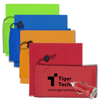Mobile Tech Auto Accessory Kit in Microfiber Cinch Pouch Components inserted into Microfiber Pouch